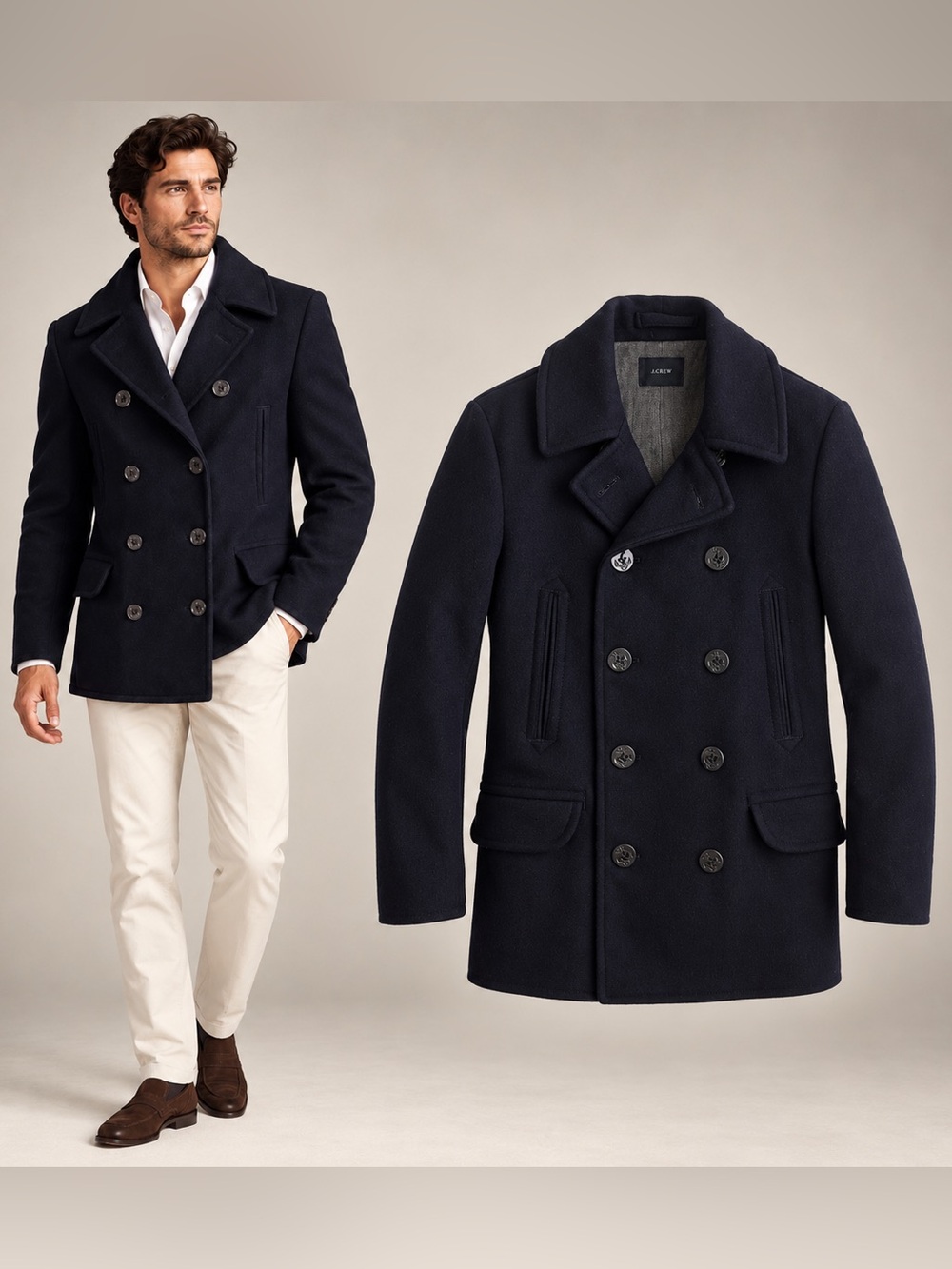J.Crew Navy Double Breasted Wool Coat Dock Peacoat Jacket Quilted Thinsulate M
